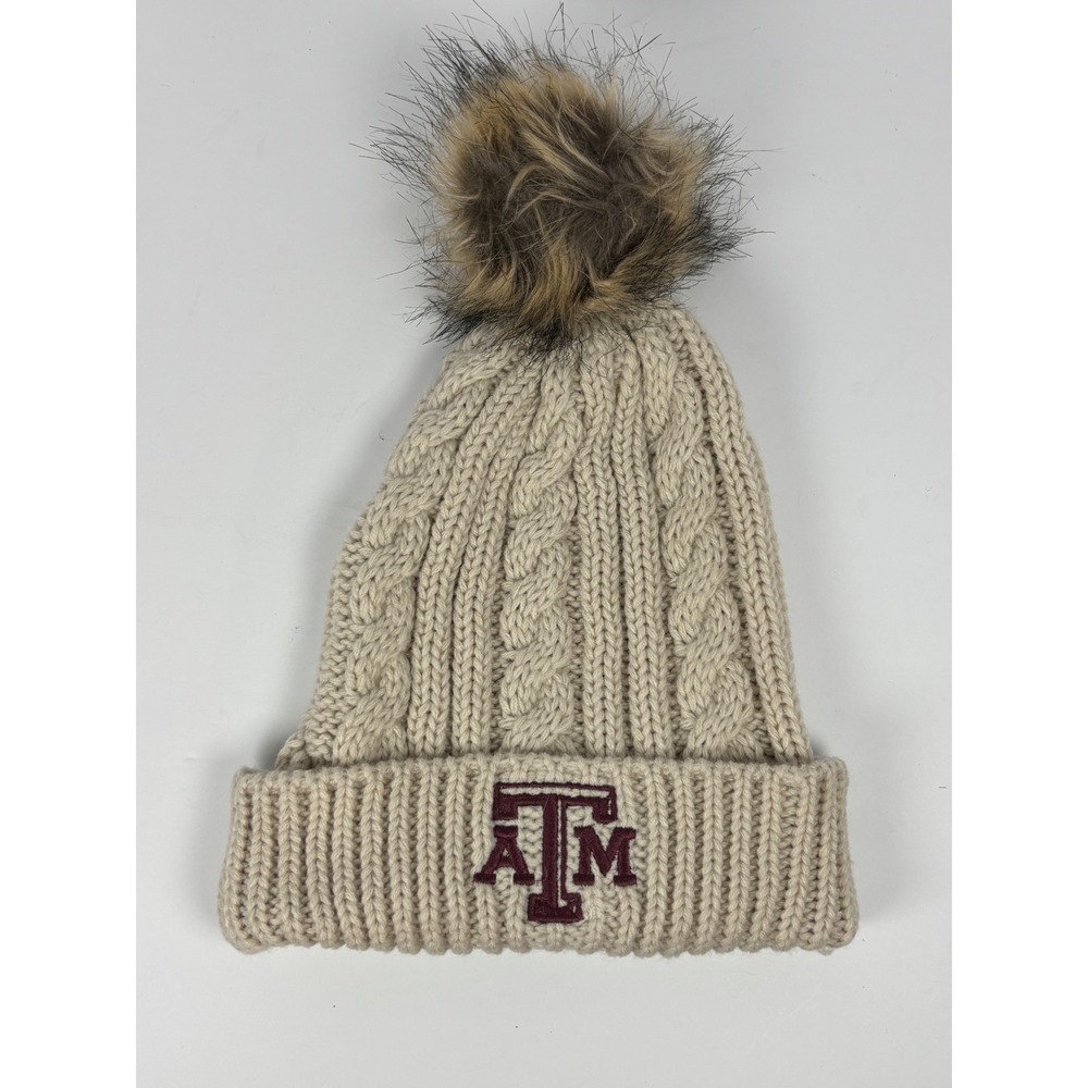 Captivating Texas A&M Aggies Beanie Cream Cable Knit Faux Fur Pom Pom Hat